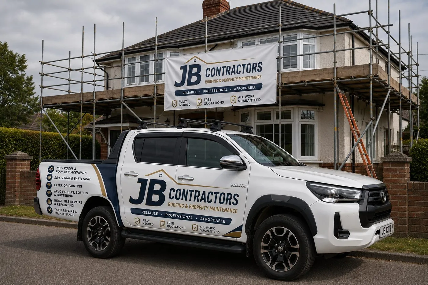 Redruth Roofing pickup truck on site at a scaffolded roofing job in Redruth