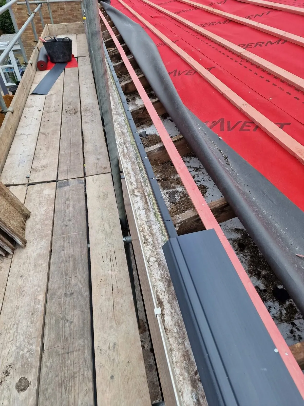 Breathable membrane and battens fitted during a re-roof in Redruth